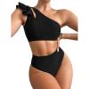 imageSOLY HUX Womens Bathing Suits Ruffle Trim One Shoulder High Waisted Bikini Sets Two Piece SwimsuitSolid Black
