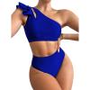 imageSOLY HUX Womens Bathing Suits Ruffle Trim One Shoulder High Waisted Bikini Sets Two Piece SwimsuitSolid Royal Blue