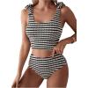 imageSOLY HUX Womens Striped Tankini Sets Tie Shoulder High Waisted Swimsuits Two Piece Bathing SuitBlack and White Striped