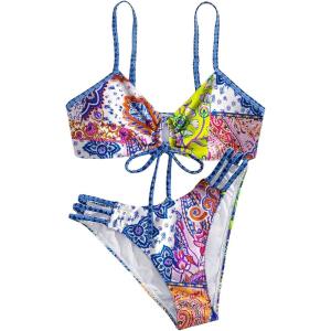 imageSOLY HUX Bathing Suit for Women Boho Paisley Print Tie Front Cut Out Swimsuit Two Piece Bikini SetsBlue Paisley