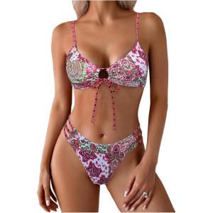 imageSOLY HUX Bathing Suit for Women Boho Paisley Print Tie Front Cut Out Swimsuit Two Piece Bikini SetsRed Printed