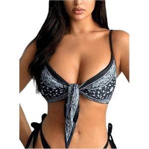 imageSOLY HUX Bikini Tops for Women Paisley Print Tie Front Swimsuit Bathing Suit TopsBlack and White Paisley