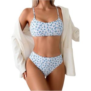 imageSOLY HUX Womens 2 Piece Bathing Suit Floral Print High Waisted Scoop Neck Cute Bikini Set BeachwearWhite Floral