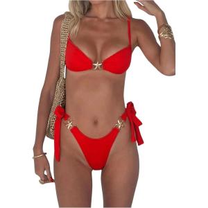 imageSOLY HUX Womens Bathing Suit Ring Linked High Cut String Bikini Set Tie Side Thong Two Piece SwimsuitPure Red