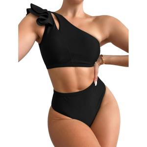 imageSOLY HUX Womens Bathing Suits Ruffle Trim One Shoulder High Waisted Bikini Sets Two Piece SwimsuitSolid Black