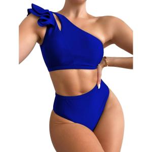 imageSOLY HUX Womens Bathing Suits Ruffle Trim One Shoulder High Waisted Bikini Sets Two Piece SwimsuitSolid Royal Blue