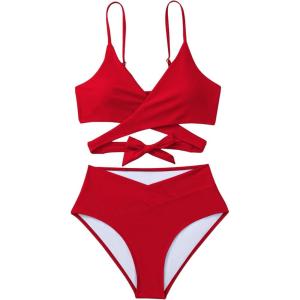 imageSOLY HUX Womens Bikini Set Criss Cross Wrap V Neck High Waisted Swimsuits 2 Piece Bathing SuitPlain Red