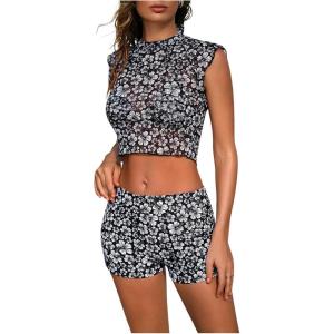 imageSOLY HUX Womens Floral Print Halter Top and Shorts Bikini Bathing Suits 3 Piece Swimsuit with Cover Up TopBlack Flowers