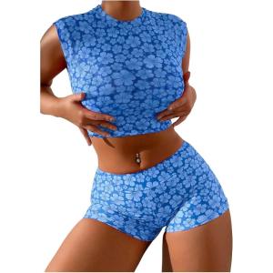 imageSOLY HUX Womens Floral Print Halter Top and Shorts Bikini Bathing Suits 3 Piece Swimsuit with Cover Up TopBlue Flowers