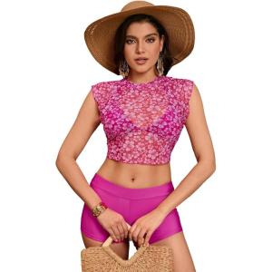 imageSOLY HUX Womens Floral Print Halter Top and Shorts Bikini Bathing Suits 3 Piece Swimsuit with Cover Up TopHot Pink Flowers