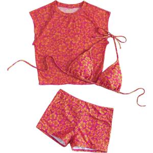 imageSOLY HUX Womens Floral Print Halter Top and Shorts Bikini Bathing Suits 3 Piece Swimsuit with Cover Up TopOrange Floral