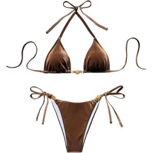 imageSOLY HUX Womens Halter Triangle Bathing Suit String Bikini Set Tie Side Two Piece SwimsuitSolid Brown Velvet
