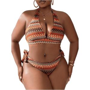 imageSOLY HUX Womens Plus Size Bikini Sets Halter Deep V Neck Piece 2 Bathing Suits Print Sexy SwimsuitsOrange Geo