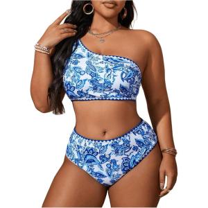 imageSOLY HUX Womens Plus Size Swimsuit Floral Print One Shoulder Bikini Sets Two Piece Bathing SuitBlue Paisley