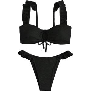 imageSOLY HUX Womens Ruffle Trim Tie Front Bikini Set Bathing Suits 2 Piece SwimsuitSolid Black