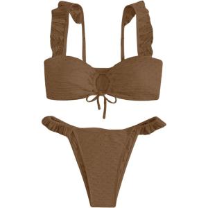 imageSOLY HUX Womens Ruffle Trim Tie Front Bikini Set Bathing Suits 2 Piece SwimsuitSolid Brown