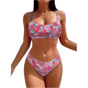 imageSOLY HUX Womens Spaghetti Strap Floral Print Smocked Bikini Bathing Suit 2 Piece SwimsuitsHot Pink Floral