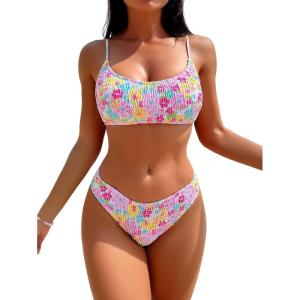 imageSOLY HUX Womens Spaghetti Strap Floral Print Smocked Bikini Bathing Suit 2 Piece SwimsuitsWhite Floral