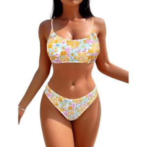 imageSOLY HUX Womens Spaghetti Strap Floral Print Smocked Bikini Bathing Suit 2 Piece SwimsuitsYellow Multi