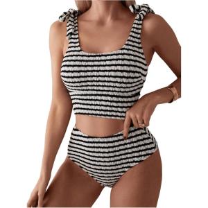imageSOLY HUX Womens Striped Tankini Sets Tie Shoulder High Waisted Swimsuits Two Piece Bathing SuitBlack and White Striped