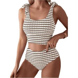 imageSOLY HUX Womens Striped Tankini Sets Tie Shoulder High Waisted Swimsuits Two Piece Bathing SuitMulticoloured Striped