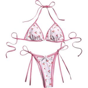 imageSOLY HUX Womens Swimsuit Cherry Print Halter Triangle Tie Side Bikini Sets Two Piece Bathing SuitsMulticoloured Plaid