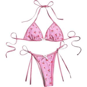 imageSOLY HUX Womens Swimsuit Cherry Print Halter Triangle Tie Side Bikini Sets Two Piece Bathing SuitsPink Plaid