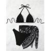 imageSOLY HUX Bathing Suit for Women 3 Piece Paisley Print Halter Triangle Bikini Sets Swimsuit with Beach SkirtBlack and White Paisley