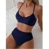 imageSOLY HUX Bathing Suit for Women Spaghetti Strap V Neck Ruched Bikini Sets Two Piece SwimsuitPlain Dark Blue