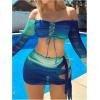 imageSOLY HUX Womens 3 Piece Bathing Suit Gradient Off Shoulder Long Sleeve Swimsuit Bikini Sets with Beach SkirtBlue Ombre