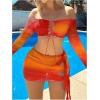 imageSOLY HUX Womens 3 Piece Bathing Suit Gradient Off Shoulder Long Sleeve Swimsuit Bikini Sets with Beach SkirtOrange Ombre
