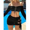 imageSOLY HUX Womens 3 Piece Bathing Suit Gradient Off Shoulder Long Sleeve Swimsuit Bikini Sets with Beach SkirtSolid Black