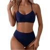 imageSOLY HUX Bathing Suit for Women Spaghetti Strap V Neck Ruched Bikini Sets Two Piece SwimsuitPlain Dark Blue
