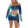 imageSOLY HUX Womens 3 Piece Bathing Suit Gradient Off Shoulder Long Sleeve Swimsuit Bikini Sets with Beach SkirtBlue Ombre