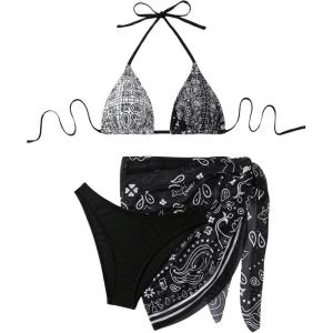 imageSOLY HUX Bathing Suit for Women 3 Piece Paisley Print Halter Triangle Bikini Sets Swimsuit with Beach SkirtBlack and White Paisley