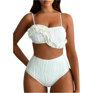 imageSOLY HUX Bathing Suit for Women Ruffle Trim Textured High Waisted Bikini Sets Two Piece SwimsuitPure White