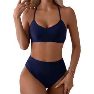 imageSOLY HUX Bathing Suit for Women Spaghetti Strap V Neck Ruched Bikini Sets Two Piece SwimsuitPlain Dark Blue