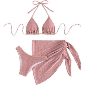 imageSOLY HUX Bikini Sets for Women Halter Triangle Bathing Suit with Beach Skirt 3 Piece SwimsuitPink Solid