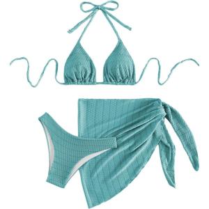 imageSOLY HUX Bikini Sets for Women Halter Triangle Bathing Suit with Beach Skirt 3 Piece SwimsuitSolid Blue