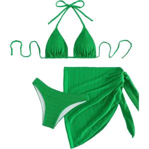 imageSOLY HUX Bikini Sets for Women Halter Triangle Bathing Suit with Beach Skirt 3 Piece SwimsuitSolid Green