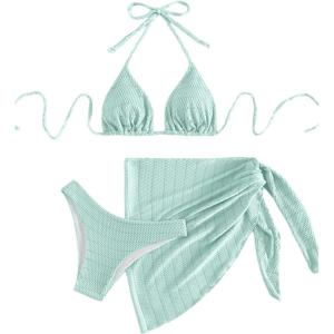imageSOLY HUX Bikini Sets for Women Halter Triangle Bathing Suit with Beach Skirt 3 Piece SwimsuitSolid Mint Green