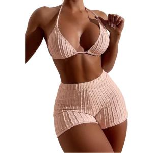 imageSOLY HUX Womens 2 Piece Swimsuits Halter Triangle Top with Shorts Bikini Set Bathing SuitsLight Pink Pure