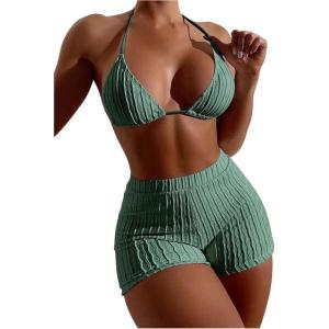 imageSOLY HUX Womens 2 Piece Swimsuits Halter Triangle Top with Shorts Bikini Set Bathing SuitsPlain Green