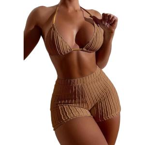 imageSOLY HUX Womens 2 Piece Swimsuits Halter Triangle Top with Shorts Bikini Set Bathing SuitsPure Brown