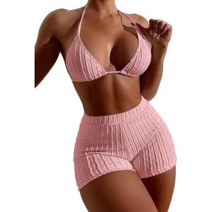 imageSOLY HUX Womens 2 Piece Swimsuits Halter Triangle Top with Shorts Bikini Set Bathing SuitsPure Pink