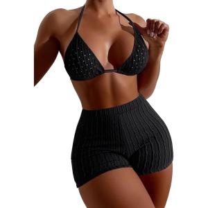 imageSOLY HUX Womens 2 Piece Swimsuits Halter Triangle Top with Shorts Bikini Set Bathing SuitsSolid Black