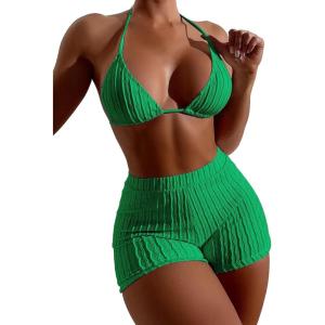 imageSOLY HUX Womens 2 Piece Swimsuits Halter Triangle Top with Shorts Bikini Set Bathing SuitsSolid Green
