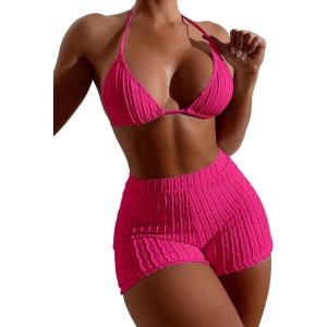 imageSOLY HUX Womens 2 Piece Swimsuits Halter Triangle Top with Shorts Bikini Set Bathing SuitsSolid Hotpink