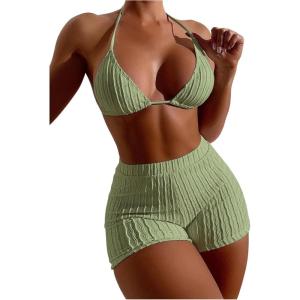 imageSOLY HUX Womens 2 Piece Swimsuits Halter Triangle Top with Shorts Bikini Set Bathing SuitsSolid Light Green