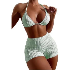 imageSOLY HUX Womens 2 Piece Swimsuits Halter Triangle Top with Shorts Bikini Set Bathing SuitsSolid Mint Green
